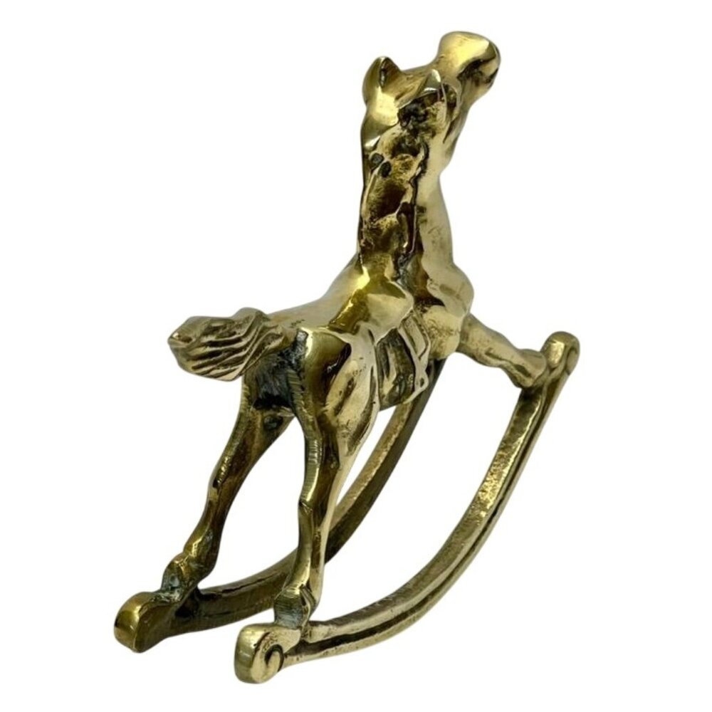 Vintage Solid Brass Rocking Horse Figurine 7" Long Nursery Shelf Decor - Picture 4 of 5